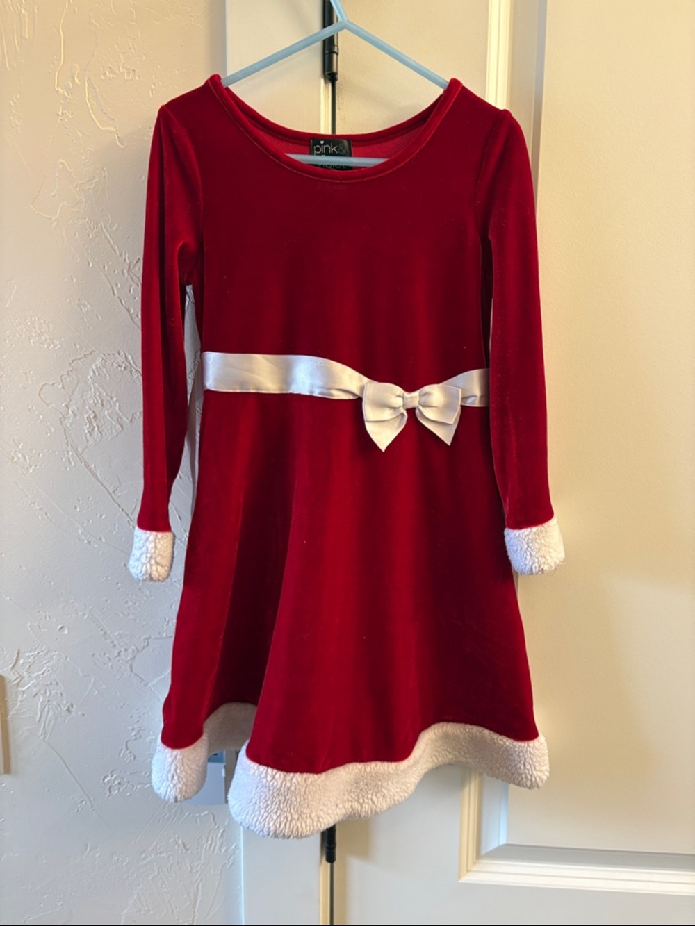 Girls' Red Velvet Holiday Dress with White Trim and Satin Bow